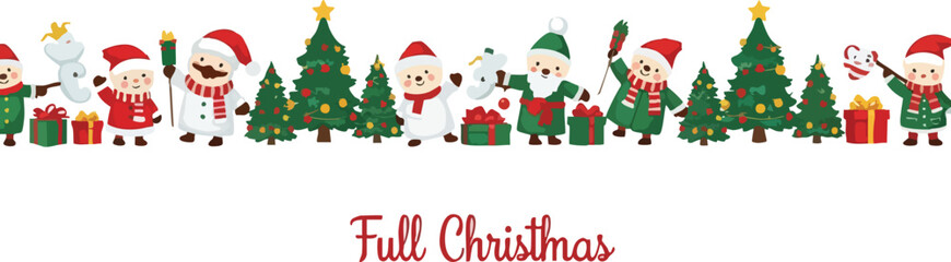 A festive Christmas border featuring Santa, deer, and gifts on a white background with a cup of chocolate, conveying a joyful holiday mood.