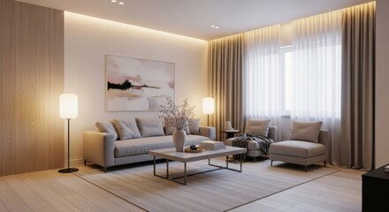 Serene modern living room sanctuary bathed in warm ambient light, showcasing plush sofa, minimalist decor, and serene artwork for ultimate relaxation and stylish comfort.