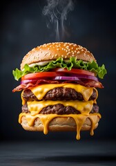 Delicious Double Cheeseburger with Dripping Cheese, Bacon, and Vegetables