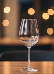 Empty Elegant Wine Glass on Wooden Table with Bokeh Lights