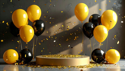 Elegant celebratory scene with a golden podium, yellow and black balloons, and falling confetti against a dark textured background. Perfect for birthdays, anniversaries, or product launches.
