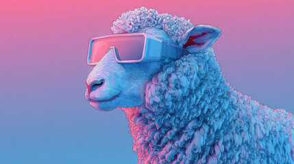 Sheep wearing virtual reality glasses in neon gradient background