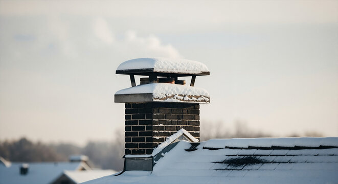 Snow-covered chimney on rooftop against winter sky background  