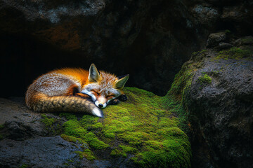 Obraz premium Generative AI image of a peaceful red fox sleeping in the summer forest with a delicate butterfly resting on its head in warm natural light