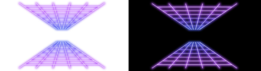 Fototapeta premium PNG image of Futuristic neon grid background with purple and blue hues evokes a retro 80s aesthetic perfect for graphic design projects and digital art creation or website design on transparent bg