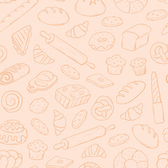 Bakery doodles, bread cartoon elements seamless pattern for textile prints, wrapping paper, scrapbooking, packaging, wallpaper, backgrounds, etc. EPS 10