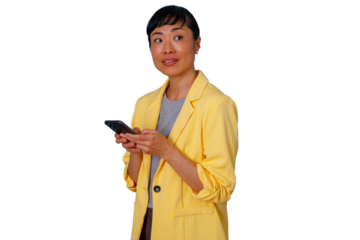 Asian executive woman using smartphone, sending text message, checking social media, transparent background
