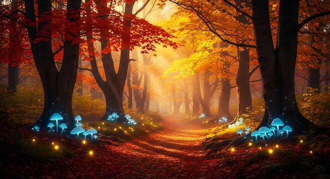 Enchanted autumn forest path with glowing mushrooms and vibrant fall foliage, a serene escape into nature's magical beauty, perfect for fantasy or nature lovers
