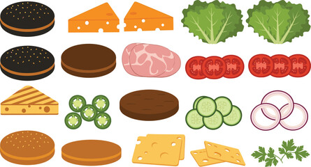 Vector Illustration Set of Burger and Sandwich Ingredients: Featuring Buns, Beef Patties, Ham, Cheese, Lettuce, Tomato, Onion, and Jalapeños, Ideal for Fast Food and Cooking Designs
