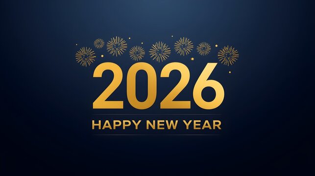 Golden 2026 happy new year text with fireworks and confetti on a dark blue background celebrating the upcoming year