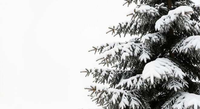 Snow-covered pine tree branches in winter with white background  