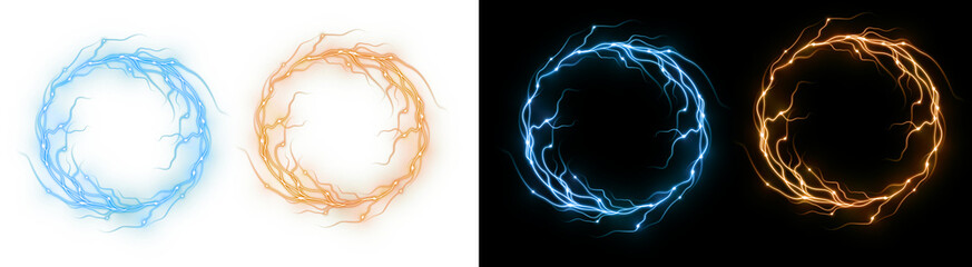 PNG image of Four colorful electric rings with lightning effects perfect for graphic design...