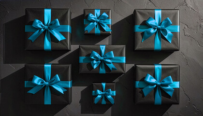 Top view of elegant black gift boxes with luxurious bright blue satin ribbons and bows. Flat lay composition on a dark textured background with dramatic shadows. Holiday or special occasion concept.