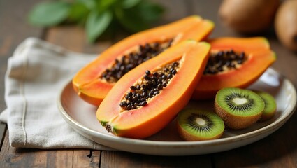 Fresh papaya and kiwi on plate, gut health and digestion