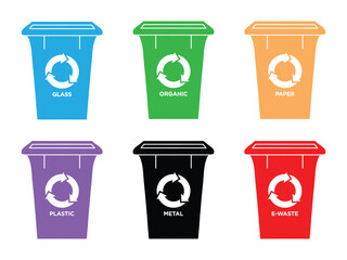 Recycling Bin Icons Set. Color-Coded Waste Segregation Vector