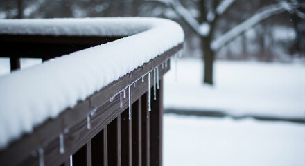 Snow-covered railing with icicles in winter landscape  