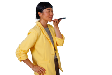 Woman sending voice message on smartphone, communicating remotely for business, using modern technology