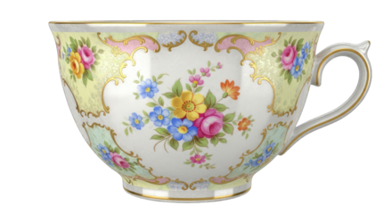 Ornate Vintage Teacup with Floral Design and Gold Trim on Transparent Background Detailed Porcelain Cup with Yellow Border and Pink Blue Yellow Flowers Perfect for Beverage and Tea Collections