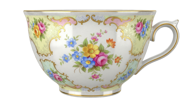 Ornate Vintage Teacup with Floral Design and Gold Trim on Transparent Background Detailed Porcelain Cup with Yellow Border and Pink Blue Yellow Flowers Perfect for Beverage and Tea Collections