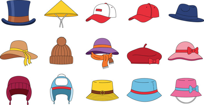Large Vector Collection of Diverse Hats and Headwear: Featuring Cartoon Illustrations of Baseball Caps, Beanies, Sun Hats, Top Hats, Berets, and Asian Conical Styles for Various Seasons