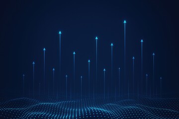 Digital growth arrows ascend on glowing particle wave, data science concepts