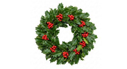 Traditional Christmas wreath made with holly leaves and red berries with a transparent background