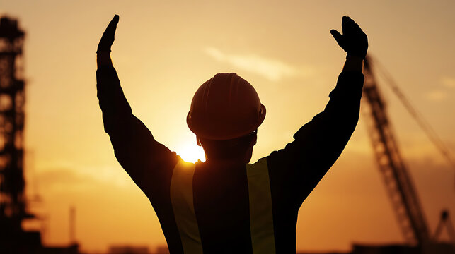 Silhouette of a worker wearing a hard hat and reflective vest with raised arms against a sunset backdrop. He is on a construction site with equipment visible in the background.