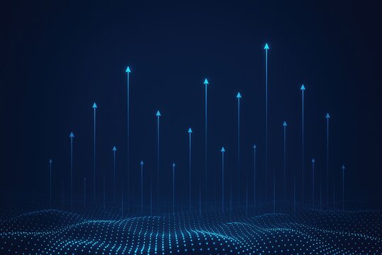 Digital growth arrows ascend on glowing particle wave, data science concepts