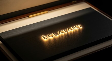 Elegant illuminated lettering spelling 'ÉCLATANT' on a dark textured surface within a premium presentation box, exuding luxury and sophistication for brand launches or exclusive events.