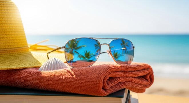 A pair of stylish sunglasses with blue mirrored lenses reflecting palm trees sits on an orange towel next to a straw hat and a seashell on a sandy beach