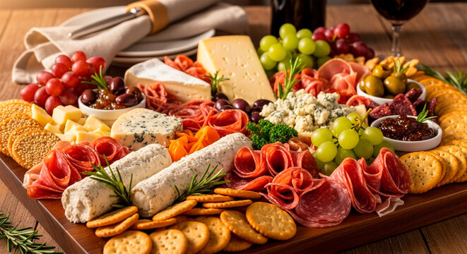 Delicious charcuterie board with cheese, salami, grapes, and crackers - Powered by Adobe
