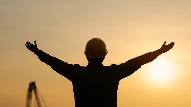 Silhouette of a construction worker in a safety helmet with open arms against a sunrise. Symbolizes accomplishment, freedom, or the end of a long day. Engineering, teamwork.