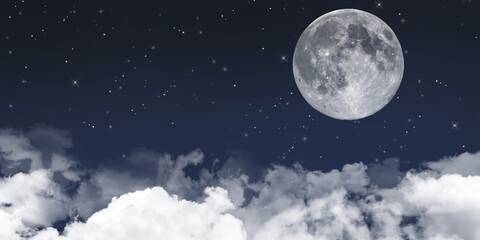 Night sky. Clouds with snowflakes and stars. Christmas star. Moon at night