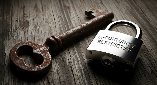 A rusty old key and a padlock with the words 'Opportunity Restricted' engraved on it placed on a wooden surface symbolizing security and limitations