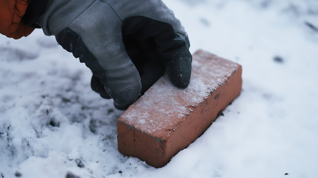 Gloved hand places brick on snow-covered ground. Winter project begins with frost-touched brick and cold earth. Building in winter, challenge accepted. Texture & contrast.