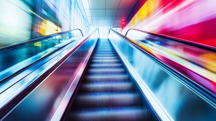 Vibrant abstract motion blur of a futuristic escalator with colorful streaks of light creating a sense of speed and energy