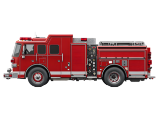 A detailed red fire engine truck with emergency lights isolated on transparent background