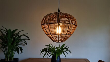 Boho Interior with Wicker Pendant Light and Rattan Mirror V2