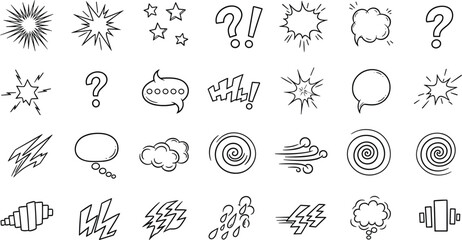 Obraz premium Illustration of a diverse collection of handdrawn comic speech bubbles, stars, and weather icons, all rendered in a simple black and white style