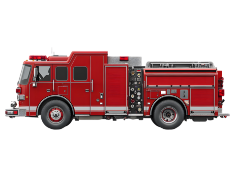 A detailed red fire engine truck with emergency lights isolated on transparent background