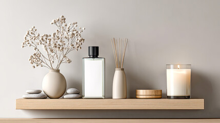 Minimalistische Stillleben mit neutralen Beauty- und Deko-Produkten wie Flaschen, Tiegeln, Kerzen und Etiketten-Mockups. Weiches Tageslicht, klare Formen und natürliche Materialien