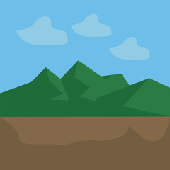 A vibrant illustration showcasing majestic green mountains beneath a clear blue sky, with fluffy clouds.