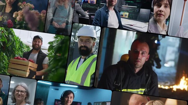 Collage of People From Various Occupations. Individuals in Kitchens, Tech Control Rooms, Greenhouses, Construction Sites Represent Different Industries Working Together. Expertise, Everyday Heroes.