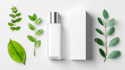 Minimalistische Stillleben mit neutralen Beauty- und Deko-Produkten wie Flaschen, Tiegeln, Kerzen und Etiketten-Mockups. Weiches Tageslicht, klare Formen und natürliche Materialien