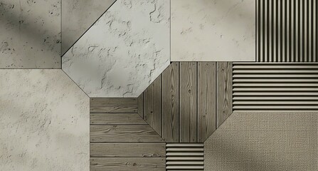 Geometric collage of textures and materials including rough concrete, weathered wood, corrugated metal, and woven fabric, arranged in a symmetrical pattern with visual contrast. AI generated.