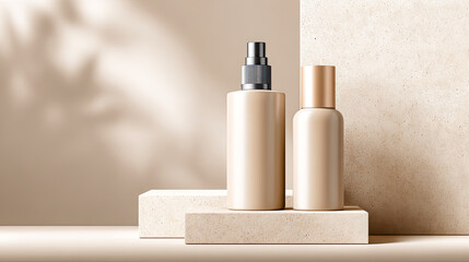 Minimalistische Stillleben mit neutralen Beauty- und Deko-Produkten wie Flaschen, Tiegeln, Kerzen und Etiketten-Mockups. Weiches Tageslicht, klare Formen und natürliche Materialien