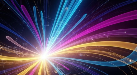 Dynamic explosion of vibrant neon light streaks and particles bursts with radiant energy, symbolizing innovation and future progress in a dark abstract space