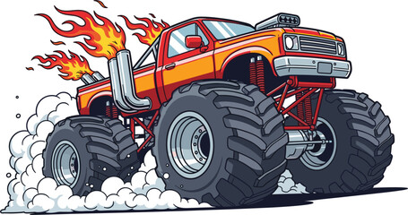 Illustration of a vibrant red monster truck with oversized tires and flames shooting from its exhaust pipes, the truck is depicted in a dynamic pose © Ruhanul