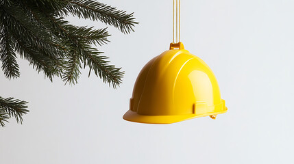 Festive Safety: A bright yellow hard hat is suspended as a unique Christmas tree ornament, blending holiday cheer with occupational safety themes. A creative, eye-catching decoration.