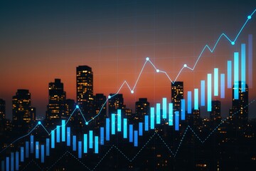 Naklejka premium City skyline at dusk with glowing data charts and financial growth graph, market trends, stock charts, economic success